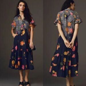 Anthropologie Midi Dress Ruffle Sleeve Size Small Blue Floral Spanish